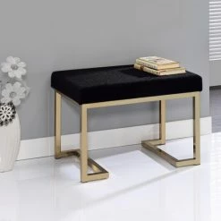 Outlet ❤️ Silver Orchid Sweet Black Fabric-upholstered Champagne Metal Ottoman ⭐