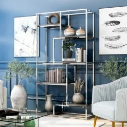 Brand new 👍 Silver Orchid Viby Contemporary 6-shelf Tiered Open Bookcase Chrome 👏