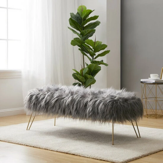 Best deal ๐ Silver Orchid Nilsson Contemporary Modern Faux Fur Long Bench Ottoman Black ๐ - Image 2