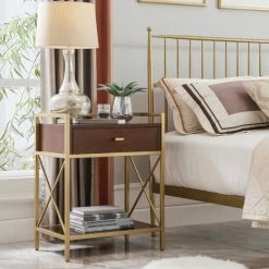 Flash Sale 🥰 Silver Orchid Beyers Goldtone Metal/ Wood 1-drawer Night Stand Brown 🌟