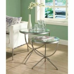 Brand new 👍 Silver Orchid Parker Satin Silver 2-piece Nesting Table Set With Tempered Glass ✔️