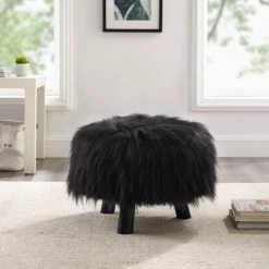 New ⭐ Silver Orchid Kelly Black Shag Faux Fur Ottoman ⭐