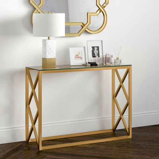 Promo ๐ฏ Silver Orchid Stifter Geometric X-base Metal/Glass Console Table Blackened Bronze โ