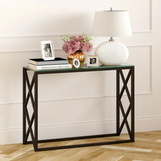 Promo ๐ฏ Silver Orchid Stifter Geometric X-base Metal/Glass Console Table Blackened Bronze โ - Image 6