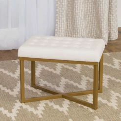 New 🥰 Silver Orchid Hartau Rectangular Ottoman With White Velvet Tufted Cushion And Gold Metal X Base 😀