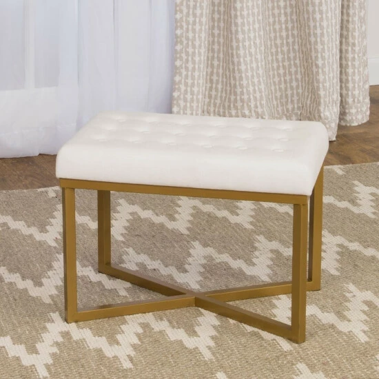 New 𼰠Silver Orchid Hartau Rectangular Ottoman With White Velvet Tufted Cushion And Gold Metal X Base đ