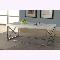 Promo 🎁 Silver Orchid Andriot Glossy White/ Chrome Metal Cocktail Table ✔️
