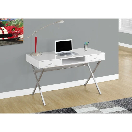 New â Silver Orchid Parker Glossy White And Chrome Metal 48-inch Computer Desk đ