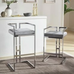 Coupon 🥰 Silver Orchid Custom Upholstered Chrome Finish Barstools (Set Of 2) Sinatra Gold Print (made To Order) ⌛