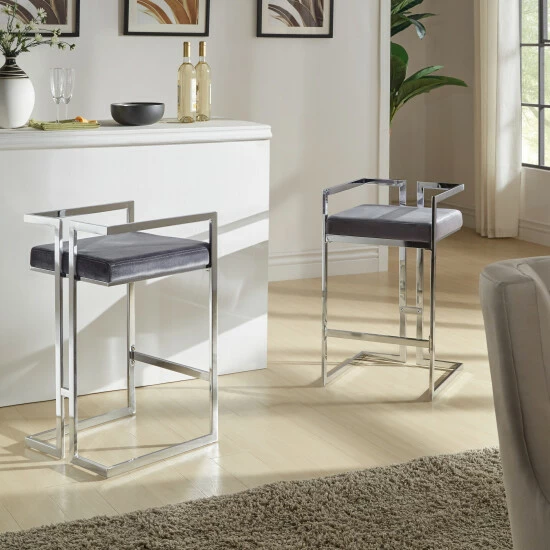 Coupon 🥰 Silver Orchid Custom Upholstered Chrome Finish Barstools (Set Of 2) Sinatra Gold Print (made To Order) ⌛ - Image 2