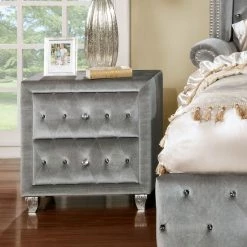 Deals ⌛ Silver Orchid Beyers Traditional Grey Upholstered Tufted Nightstand Blue ⭐
