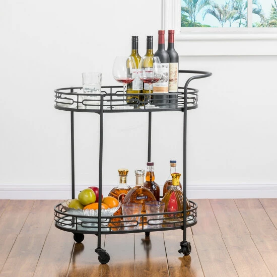 Best reviews of ๐ Silver Orchid Marsh Oval Mirrored Glass Top New Bar Cart With Wheels Black ๐งจ - Image 2