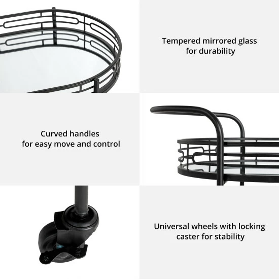 Best reviews of ๐ Silver Orchid Marsh Oval Mirrored Glass Top New Bar Cart With Wheels Black ๐งจ - Image 4