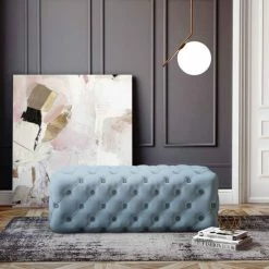 Deals ✔️ Silver Orchid Abbot Sea Blue Velvet Ottoman ✔️