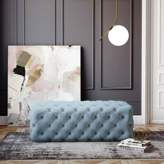 Deals ✔️ Silver Orchid Abbot Sea Blue Velvet Ottoman ✔️