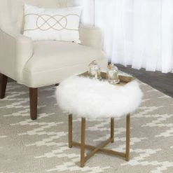 Flash Sale 😉 Silver Orchid Hartau White Faux Fur Round Stool With Goldtone Metal Base 🎁
