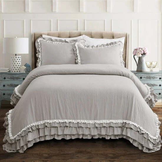 Outlet 𼰠Silver Orchid Gerard Shabby Chic Ruffle Lace Comforter Set Neutral đ - Image 2