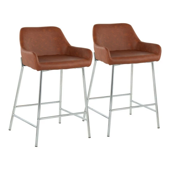 Cheapest โญ Silver Orchid Galotti Chrome Fixed-Height Upholstered Counter Stool - Set Of 2 Camel Faux Leather ๐ - Image 4