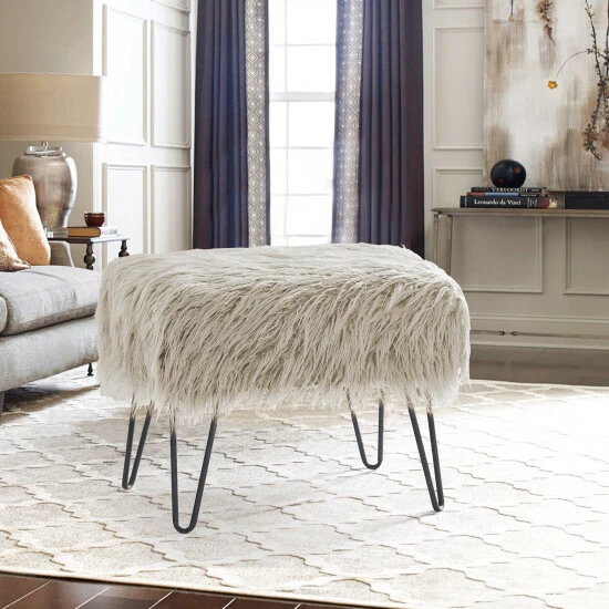 Best Sale ✔️ Silver Orchid Sterling Shaggy Fauxfur Ottoman Bench Pineapple Slice ⭐ - Image 5