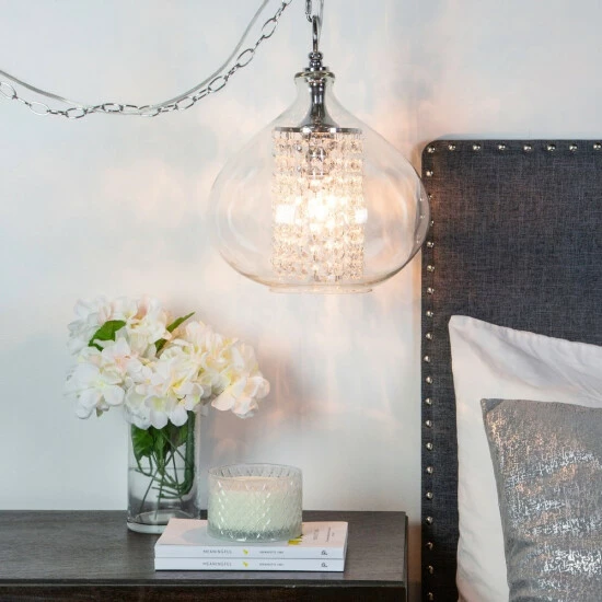 Discount โค๏ธ Silver Orchid Wallock Glass And Faceted Crystal Glass Jewels Plug-in And Hardwire Hanging Pendant Clear ๐