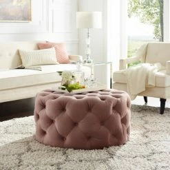 Promo ⭐ Silver Orchid Holm Round Cocktail Ottoman For Living Room Cream White ✨