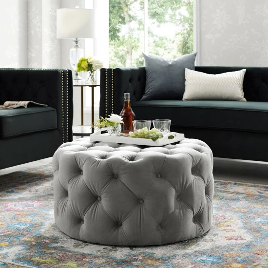 Promo ⭐ Silver Orchid Holm Round Cocktail Ottoman For Living Room Cream White ✨ - Image 2
