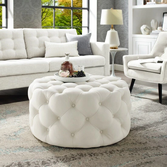 Promo ⭐ Silver Orchid Holm Round Cocktail Ottoman For Living Room Cream White ✨ - Image 5