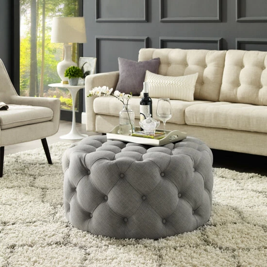 Promo ⭐ Silver Orchid Holm Round Cocktail Ottoman For Living Room Cream White ✨ - Image 6
