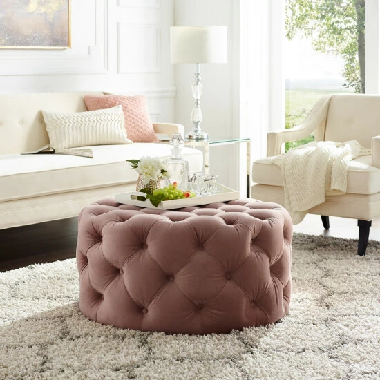 Promo ⭐ Silver Orchid Holm Round Cocktail Ottoman For Living Room Cream White ✨ - Image 8
