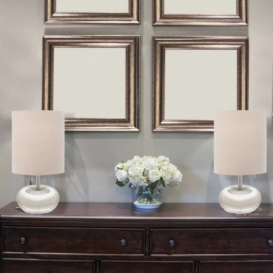 Hot Sale ๐ Silver Orchid Gaynor 12-inch Mercury Glass Accent Lamps With Beige Linen Drum Shade (Pack Of 2) ๐