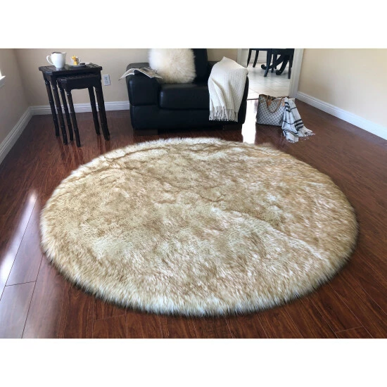 Wholesale ✨ Silver Orchid Nansen Luxurious Faux Sheepskin Round Shag Area Rug Camel 🤩