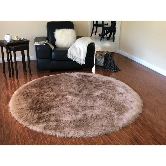 Wholesale ✨ Silver Orchid Nansen Luxurious Faux Sheepskin Round Shag Area Rug Camel 🤩 - Image 3