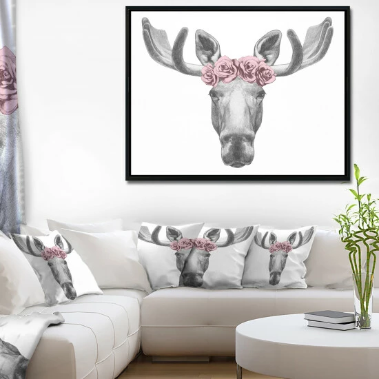 Cheap đ Silver Orchid 'Designart Moose With Floral Head Wreath' Moose Framed Canvas Art Print đ