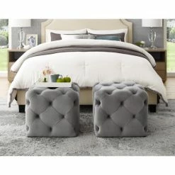 Buy 🔔 Silver Orchid Karloff Velvet Or Linen Square Modern Tufted Ottoman Beige 🧨