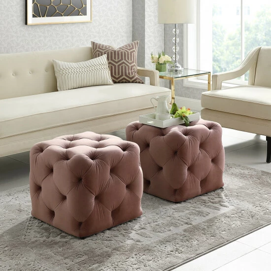 Buy ๐ Silver Orchid Karloff Velvet Or Linen Square Modern Tufted Ottoman Beige ๐งจ - Image 2