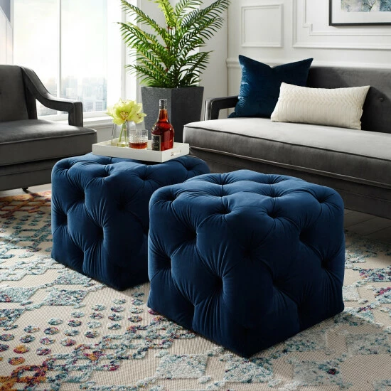 Buy ๐ Silver Orchid Karloff Velvet Or Linen Square Modern Tufted Ottoman Beige ๐งจ - Image 3