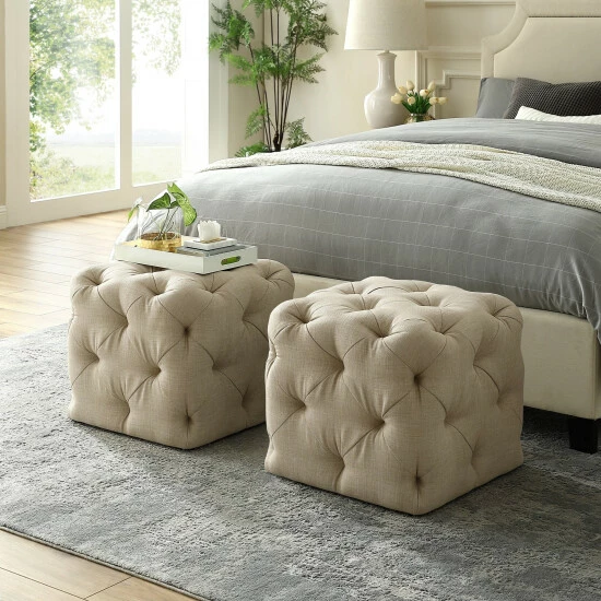 Buy ๐ Silver Orchid Karloff Velvet Or Linen Square Modern Tufted Ottoman Beige ๐งจ - Image 4