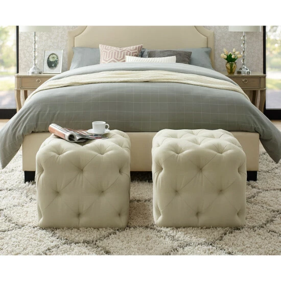 Buy ๐ Silver Orchid Karloff Velvet Or Linen Square Modern Tufted Ottoman Beige ๐งจ - Image 5