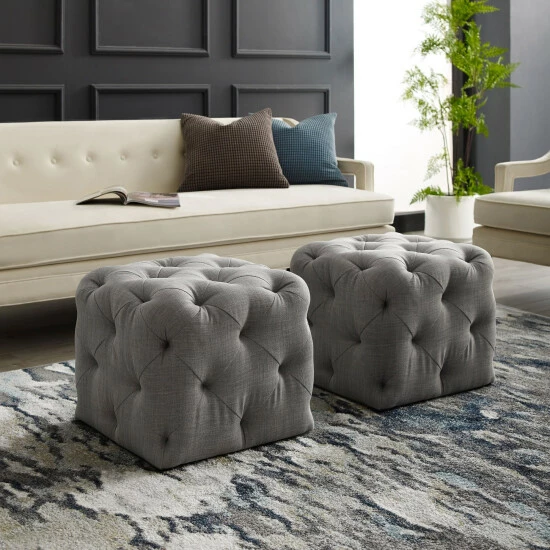Buy ๐ Silver Orchid Karloff Velvet Or Linen Square Modern Tufted Ottoman Beige ๐งจ - Image 6