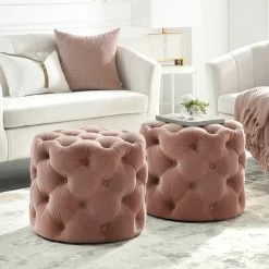 Best Pirce 🔔 Silver Orchid Holm Velvet Or Linen Round Tufted Ottoman Cream White ⭐