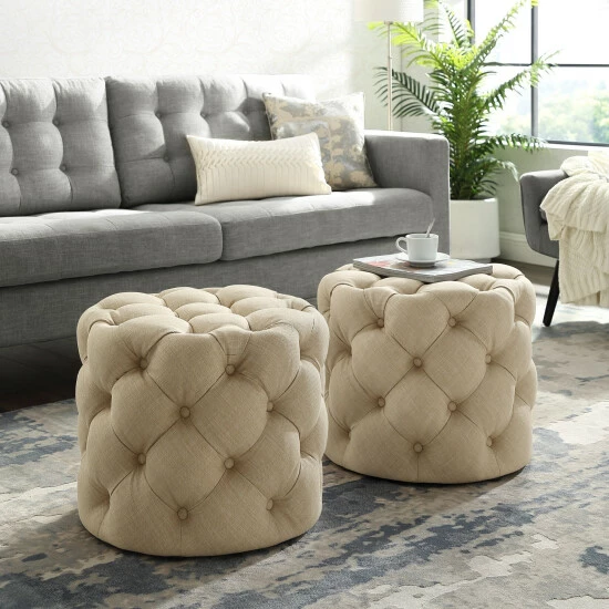 Best Pirce đ Silver Orchid Holm Velvet Or Linen Round Tufted Ottoman Cream White â - Image 4