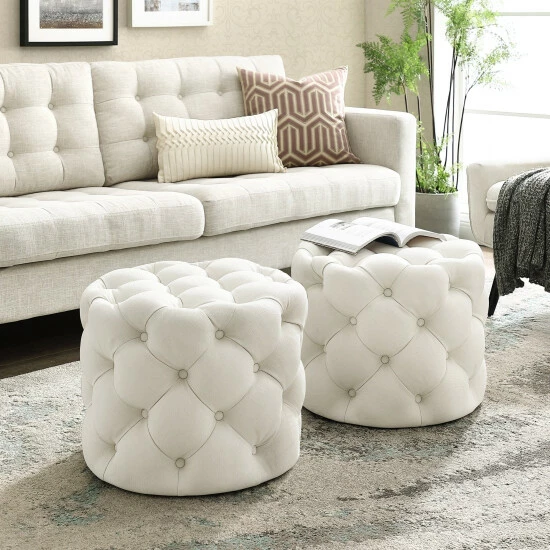 Best Pirce đ Silver Orchid Holm Velvet Or Linen Round Tufted Ottoman Cream White â - Image 5