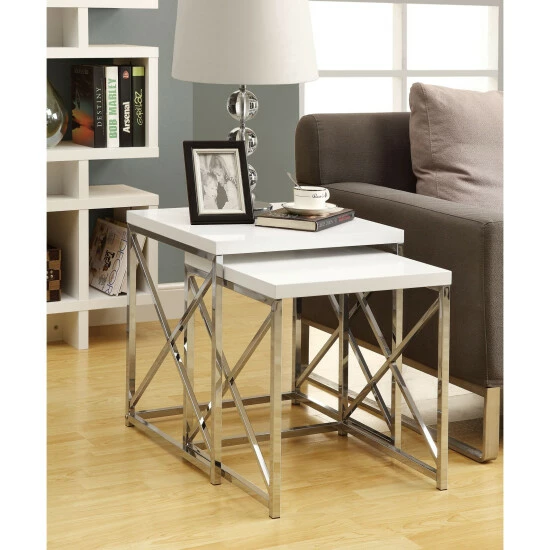 Brand new ✨ Silver Orchid Andriot Glossy White/ Chrome Metal 2-piece Nesting Table Set 👏